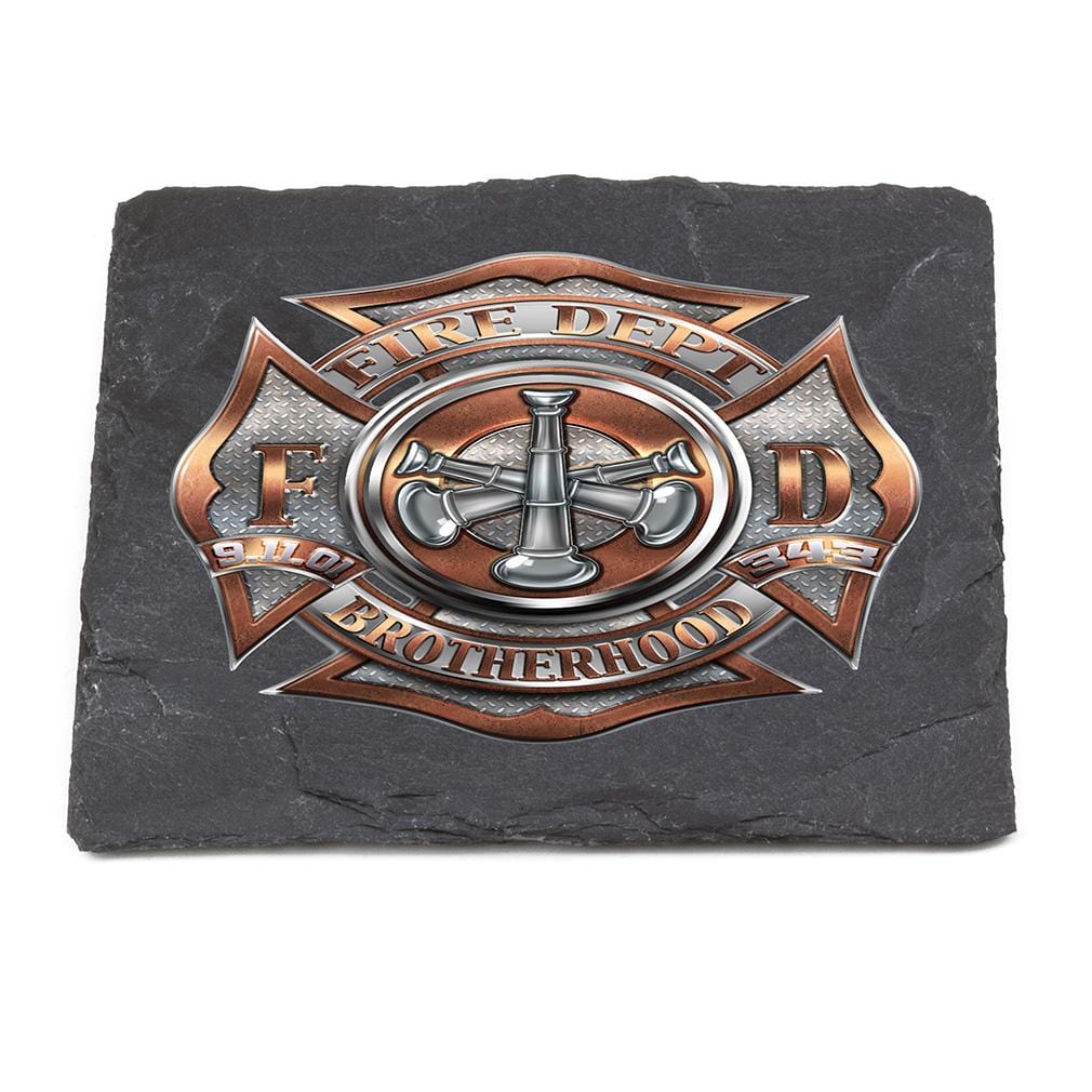 Firefighter 3 Bugle Ranking Black Slate 4IN x 4IN Coasters Gift Set