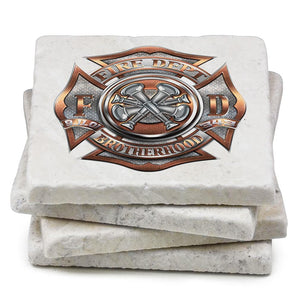 More Picture, Firefighter 4 Bugle Ranking Ivory Tumbled Marble 4IN x 4IN Coasters Gift Set