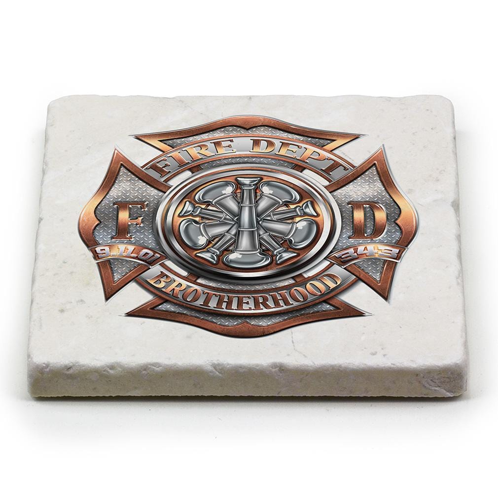 Firefighter 5 Bugle Ranking Ivory Tumbled Marble 4IN x 4IN Coasters Gift Set