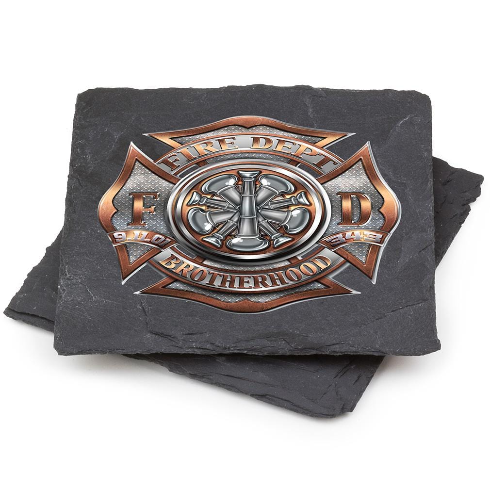 Firefighter 5 Bugle Ranking Black Slate 4IN x 4IN Coasters Gift Set