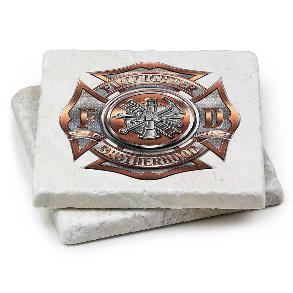 Firefighter Fire Dept Polished Brass Diamond Plate Ivory Tumbled Marble 4IN x 4IN Coasters Gift Set