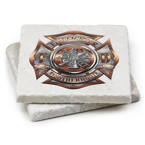 More Picture, Firefighter Fire Dept Polished Brass Diamond Plate Ivory Tumbled Marble 4IN x 4IN Coasters Gift Set