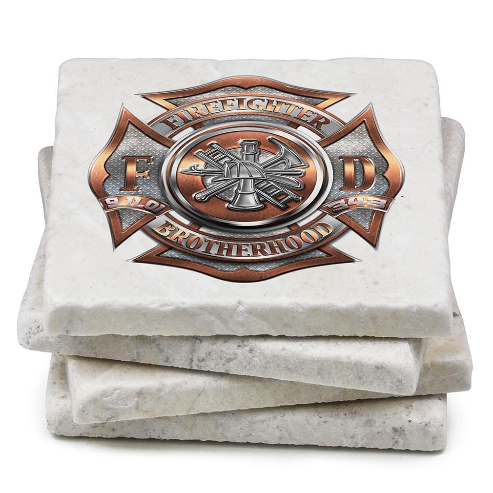 Firefighter Fire Dept Polished Brass Diamond Plate Ivory Tumbled Marble 4IN x 4IN Coasters Gift Set