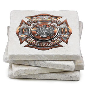 More Picture, Firefighter Fire Dept Polished Brass Diamond Plate Ivory Tumbled Marble 4IN x 4IN Coasters Gift Set