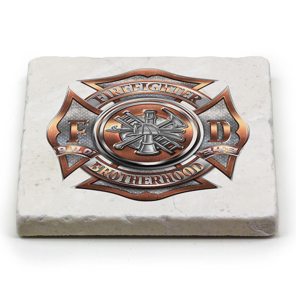 Firefighter Fire Dept Polished Brass Diamond Plate Ivory Tumbled Marble 4IN x 4IN Coasters Gift Set