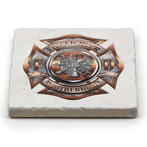 More Picture, Firefighter Fire Dept Polished Brass Diamond Plate Ivory Tumbled Marble 4IN x 4IN Coasters Gift Set