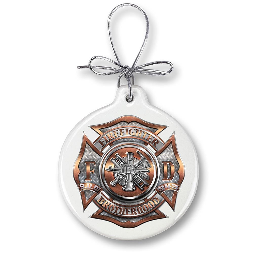 Firefighter Polished Brass Diamond Plate Christmas Tree Ornaments