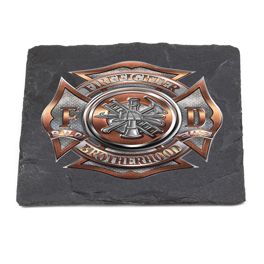 Firefighter Fire Dept Polished Brass Diamond Plate Black Slate 4IN x 4IN Coasters Gift Set