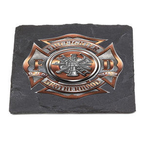 More Picture, Firefighter Fire Dept Polished Brass Diamond Plate Black Slate 4IN x 4IN Coasters Gift Set