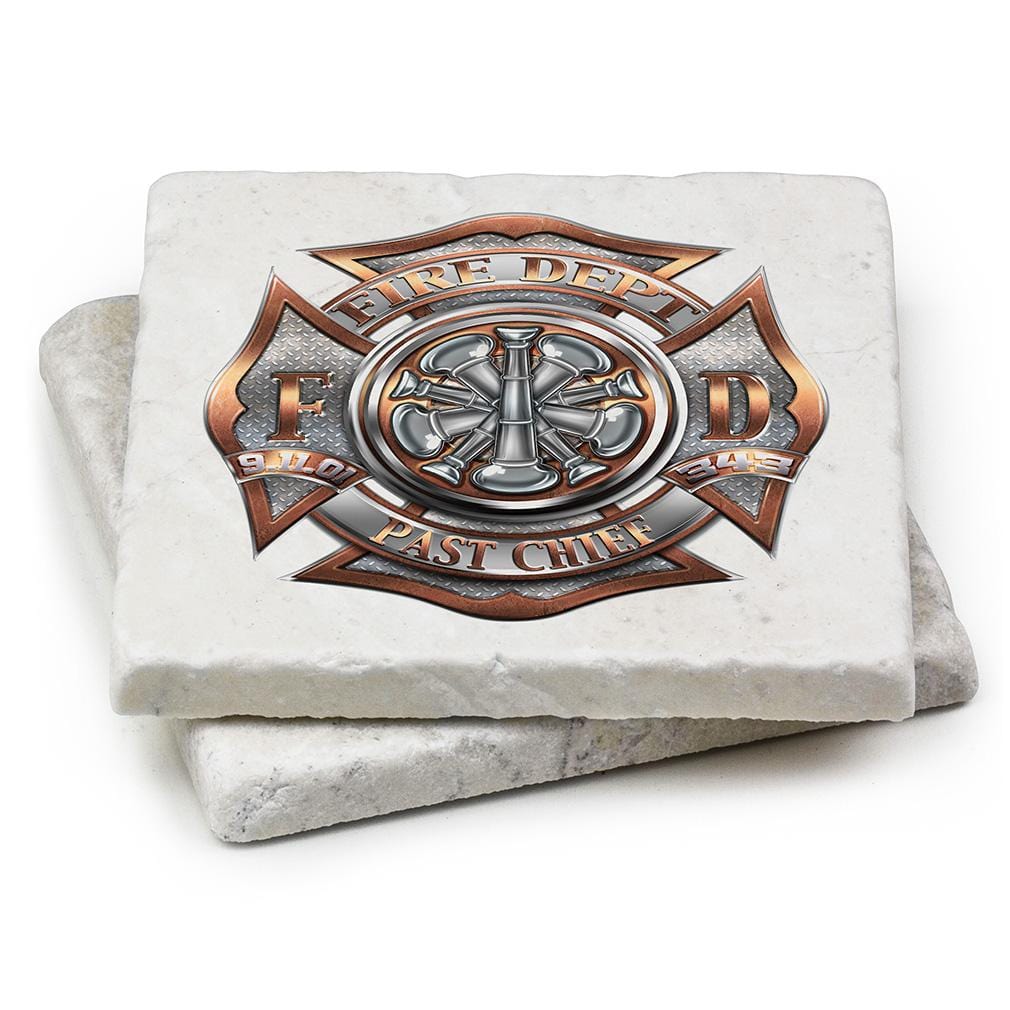 Firefighter Past Chief Ivory Tumbled Marble 4IN x 4IN Coasters Gift Set