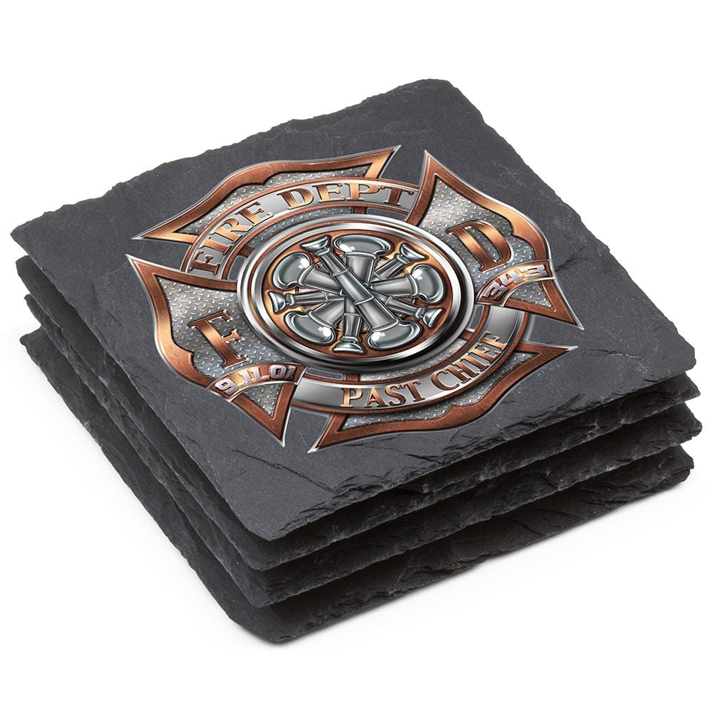 Firefighter Past Chief Black Slate 4IN x 4IN Coasters Gift Set