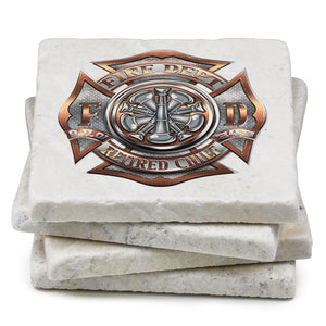 More Picture, Firefighter Retired Chief Ivory Tumbled Marble 4IN x 4IN Coasters Gift Set