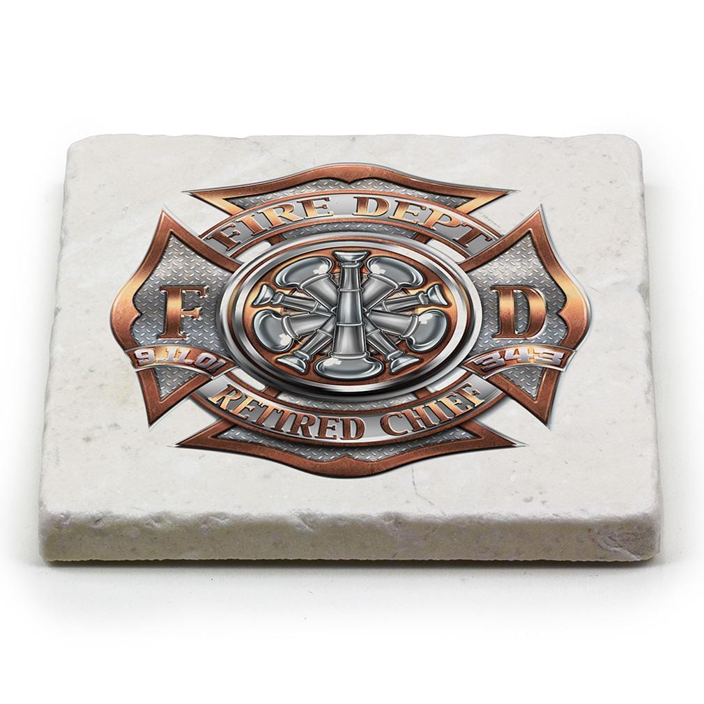 Firefighter Retired Chief Ivory Tumbled Marble 4IN x 4IN Coasters Gift Set