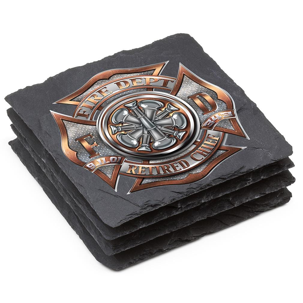 Firefighter Retired Chief Black Slate 4IN x 4IN Coasters Gift Set