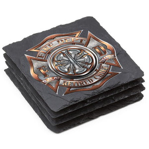 More Picture, Firefighter Retired Chief Black Slate 4IN x 4IN Coasters Gift Set