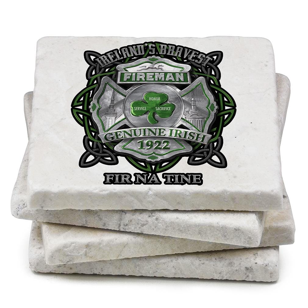 Firefighter Garda Ireland Bravest Ivory Tumbled Marble 4IN x 4IN Coasters Gift Set