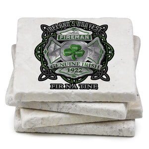 More Picture, Firefighter Garda Irish Ireland Bravest Ivory Tumbled Marble 4IN x 4IN Coasters Gift Set