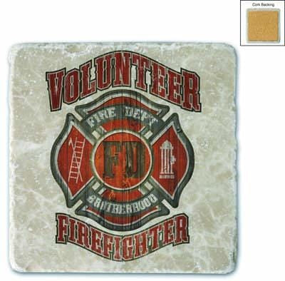 Firefighter Fire Dept Faded Planks Ivory Tumbled Marble 4IN x 4IN Coasters Gift Set