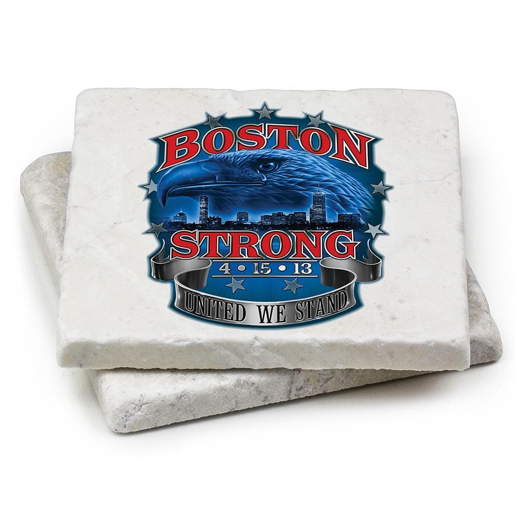 Patriotic Boston Strong Ivory Tumbled Marble 4IN x 4IN Coaster Gift Set