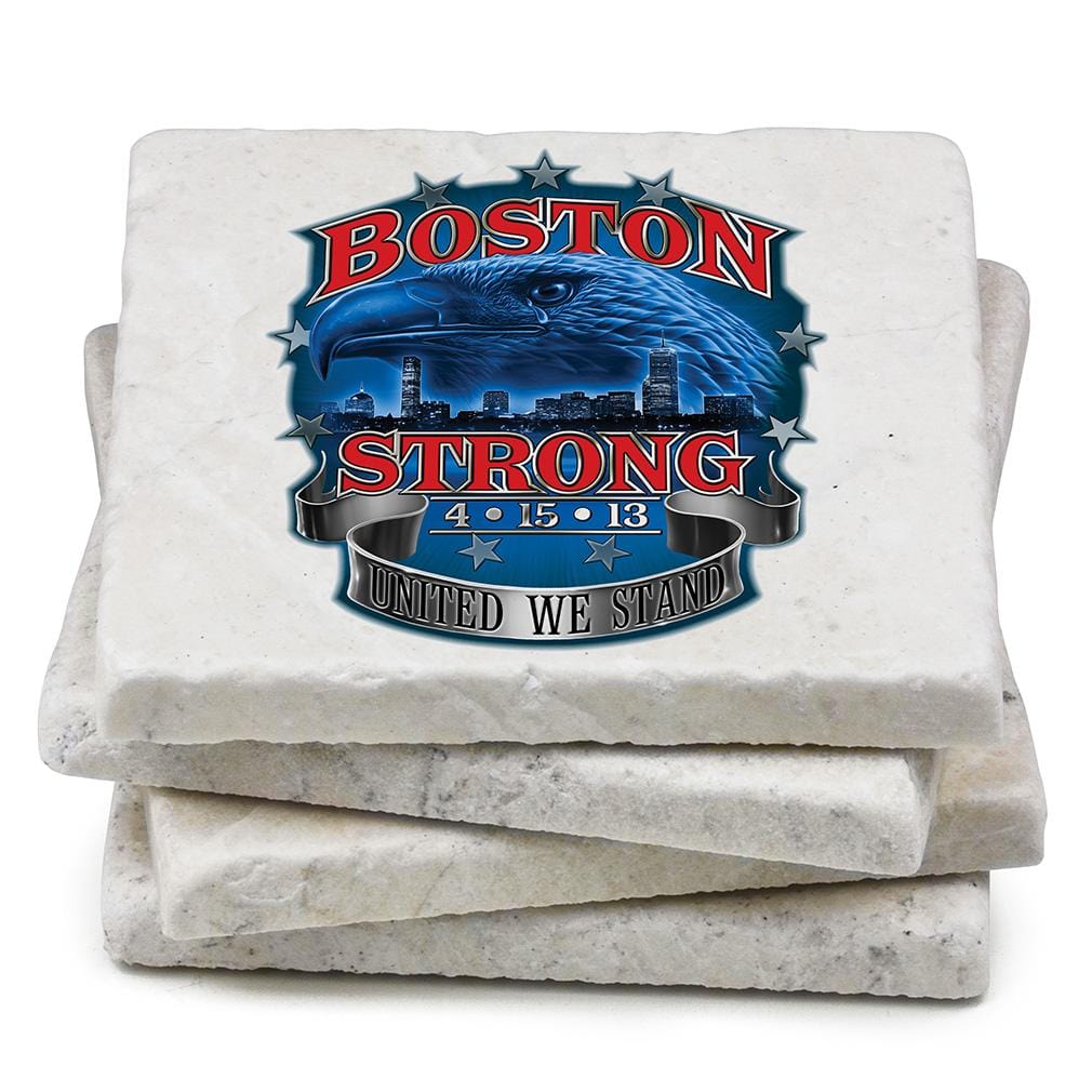 Patriotic Boston Strong Ivory Tumbled Marble 4IN x 4IN Coaster Gift Set