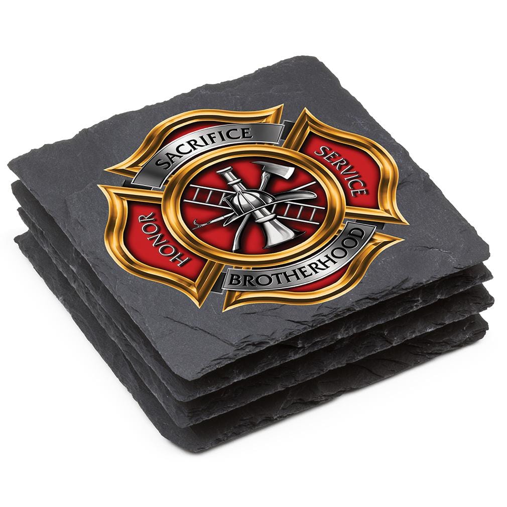 Firefighter Honor Service Sacrifice FF Brotherhood Black Slate 4IN x 4IN Coasters Gift Set