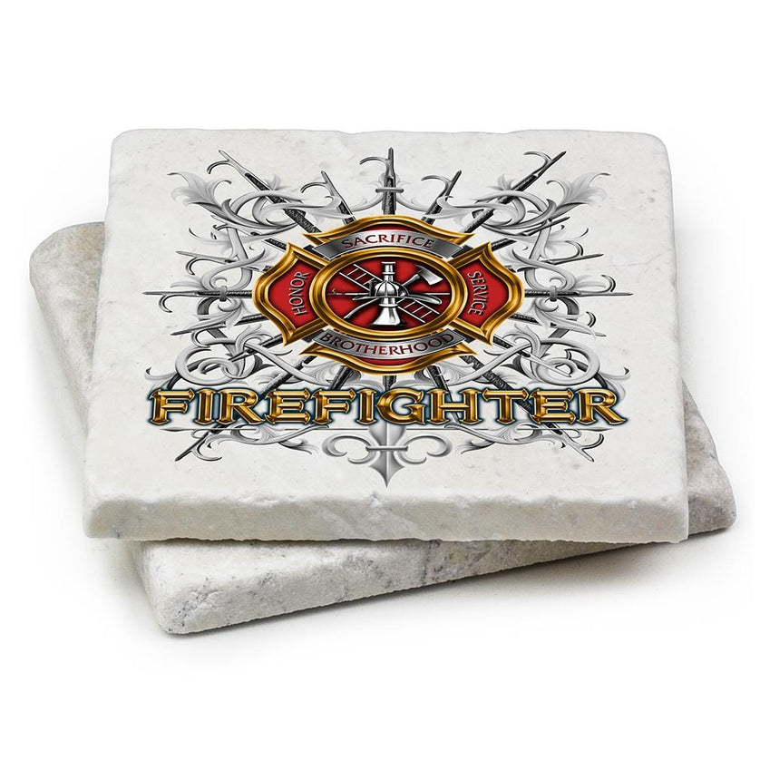 Firefighter Pikes Ivory Tumbled Marble 4IN x 4IN Coasters Gift Set