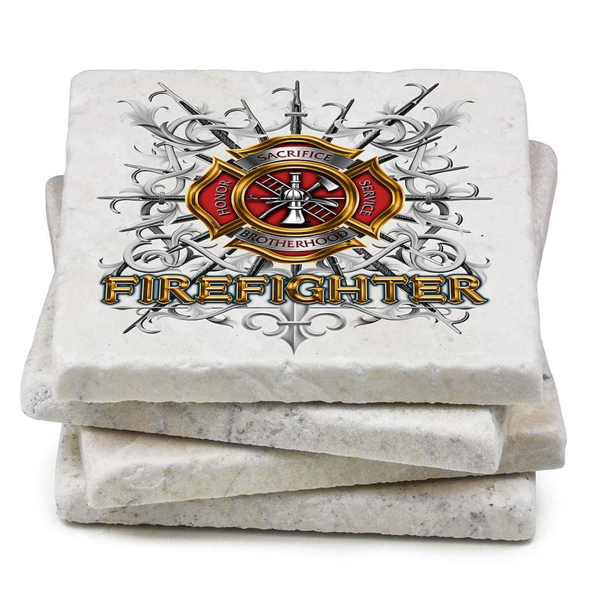 Firefighter Pikes Ivory Tumbled Marble 4IN x 4IN Coasters Gift Set