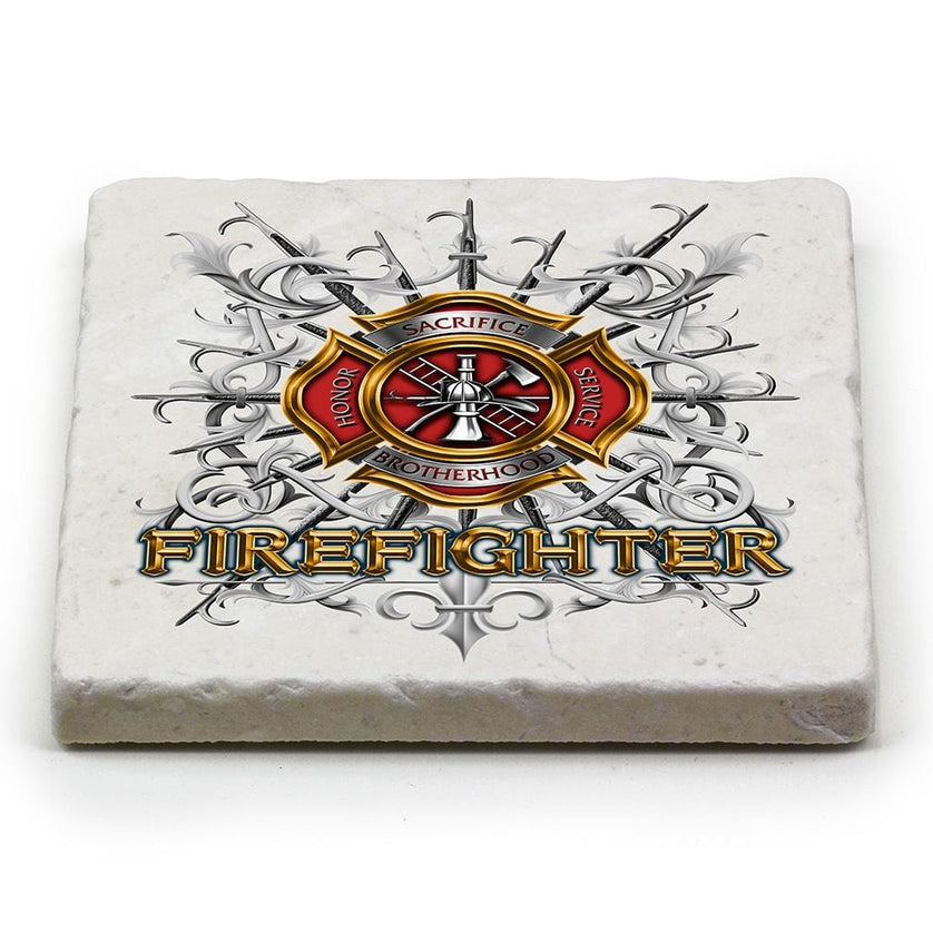 Firefighter Pikes Ivory Tumbled Marble 4IN x 4IN Coasters Gift Set