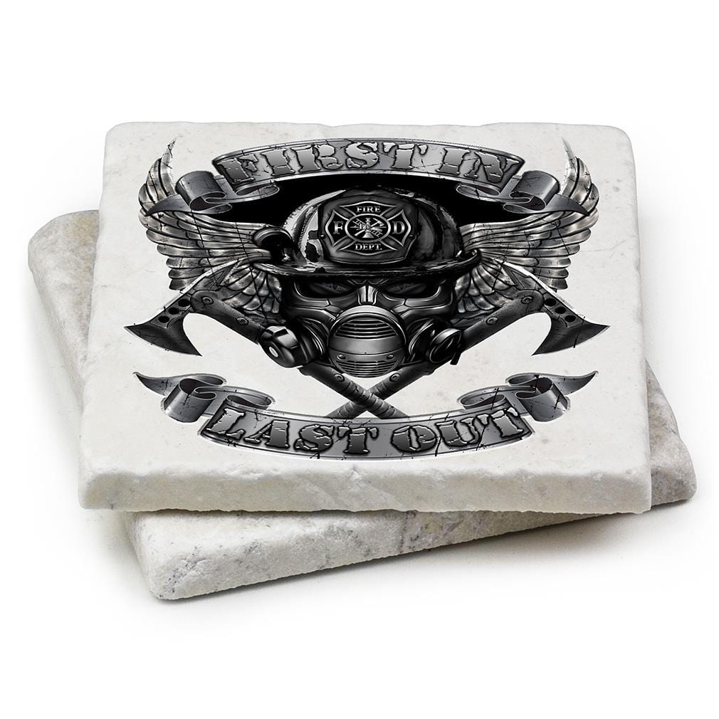 Firefighter Steel Fire Wings Ivory Tumbled Marble 4IN x 4IN Coasters Gift Set
