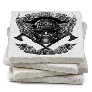 More Picture, Firefighter Steel Fire Wings Ivory Tumbled Marble 4IN x 4IN Coasters Gift Set