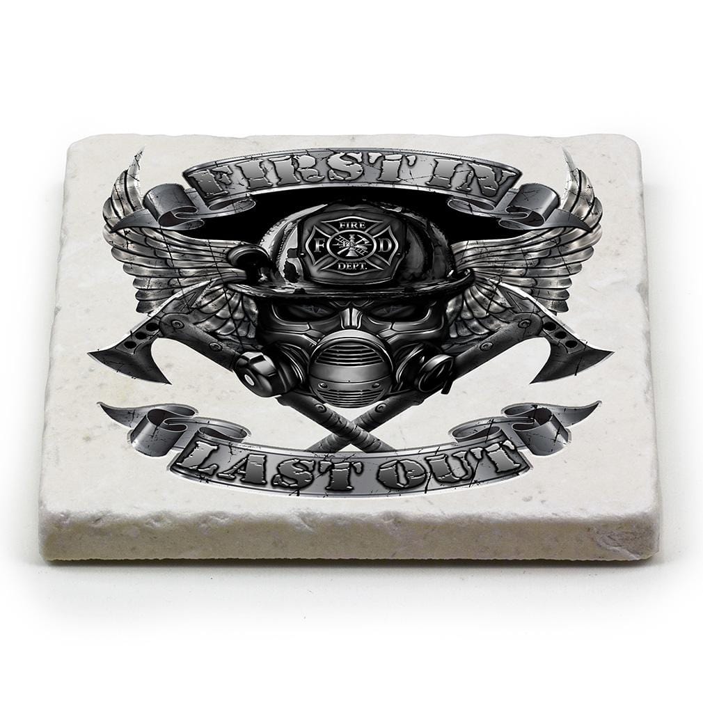 Firefighter Steel Fire Wings Ivory Tumbled Marble 4IN x 4IN Coasters Gift Set