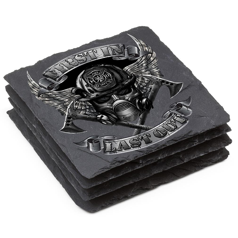 Firefighter Steel Fire Wings Black Slate 4IN x 4IN Coasters Gift Set