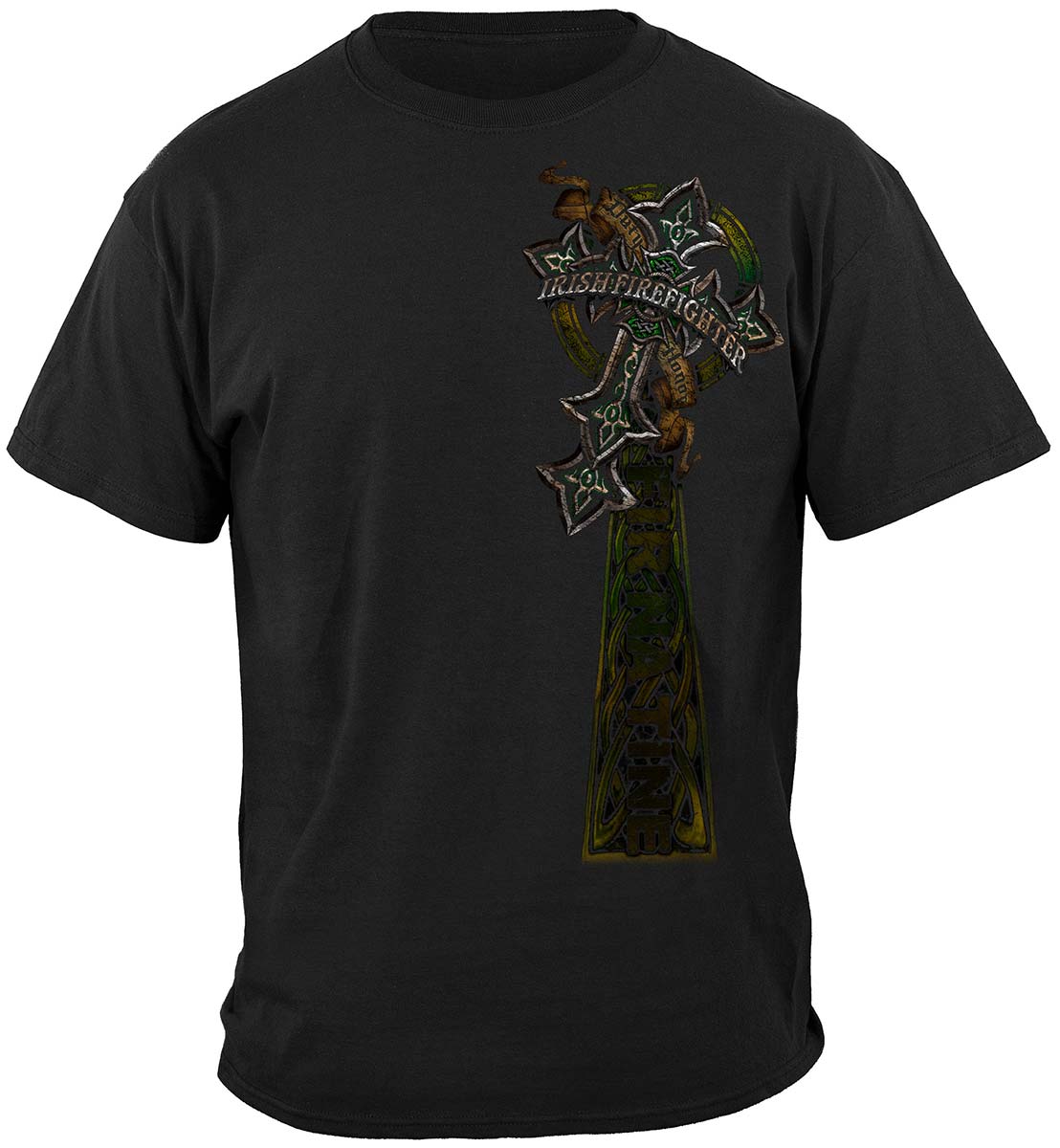 Firefighter Irish Celtic Cross Green Foil Premium T-Shirt