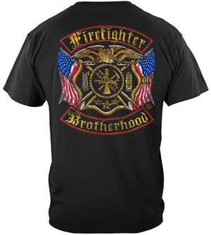 More Picture, Firefighter Double Flagged Brotherhood Distressed Gold Foil Premium T-Shirt