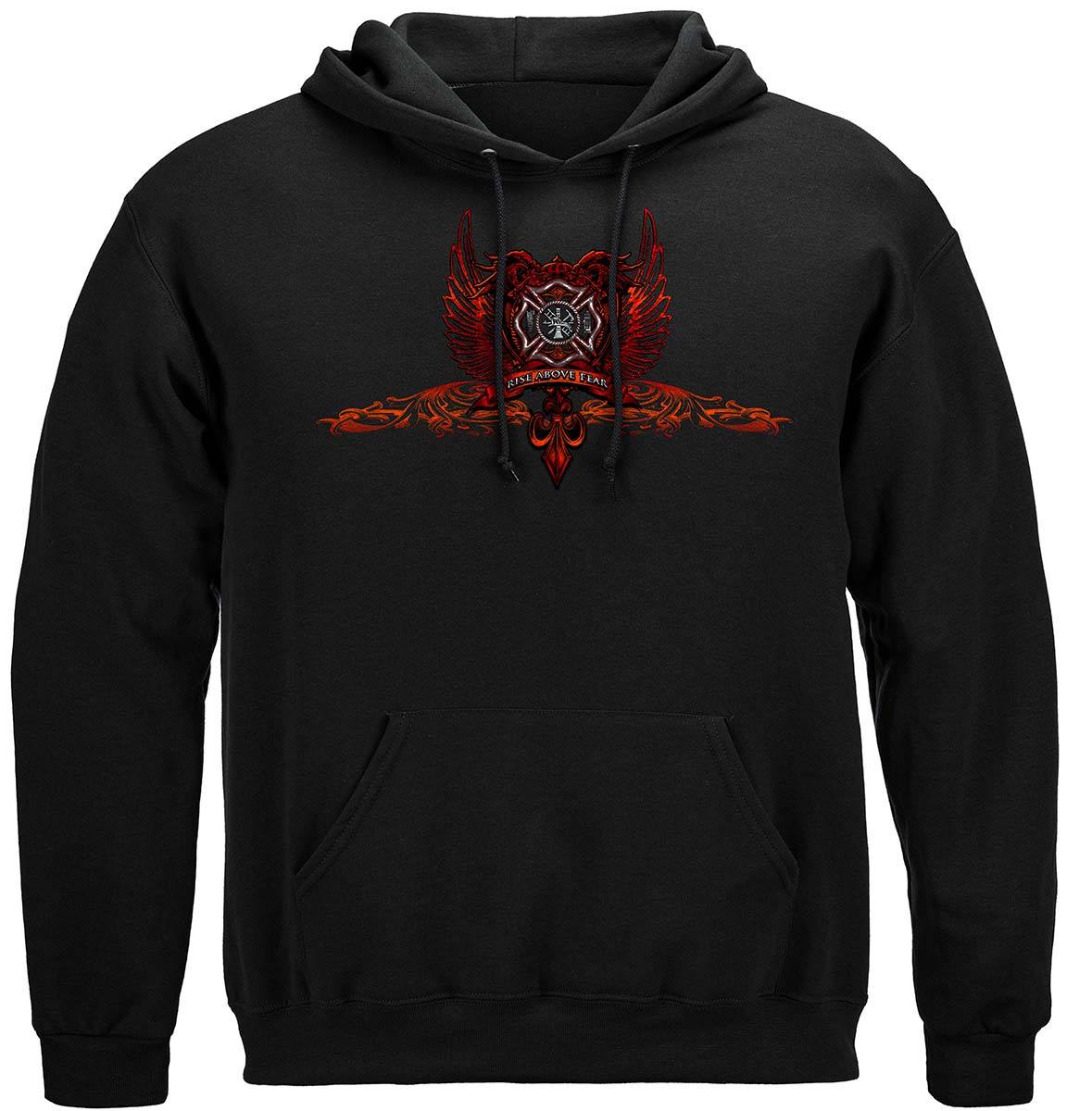 Firefighter Red Wings Rise Above Fear Silver Foil Premium Hooded Sweat Shirt