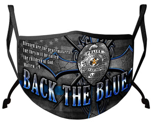 More Picture, Law Enforcement Back the Blue Matthew 5:9 Christian Face Mask