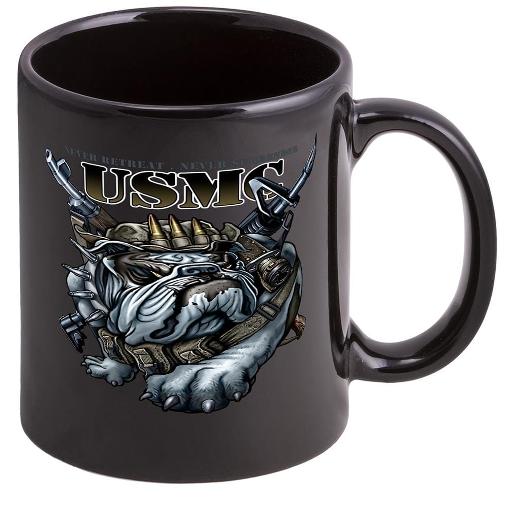 USMC Never Retreat Never Surrender Marine Corps Stoneware Black Coffee Mug Gift Set