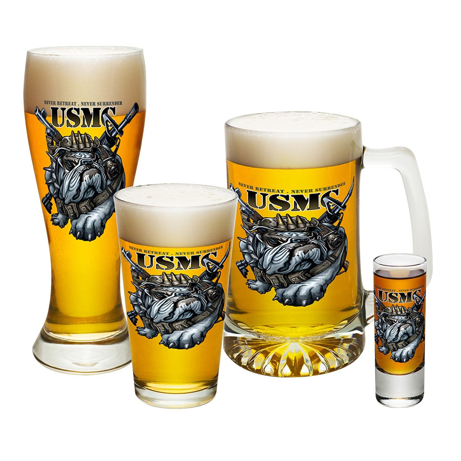 Never Retreat Never Surrender Marine Corps 4 PC. Glass Set