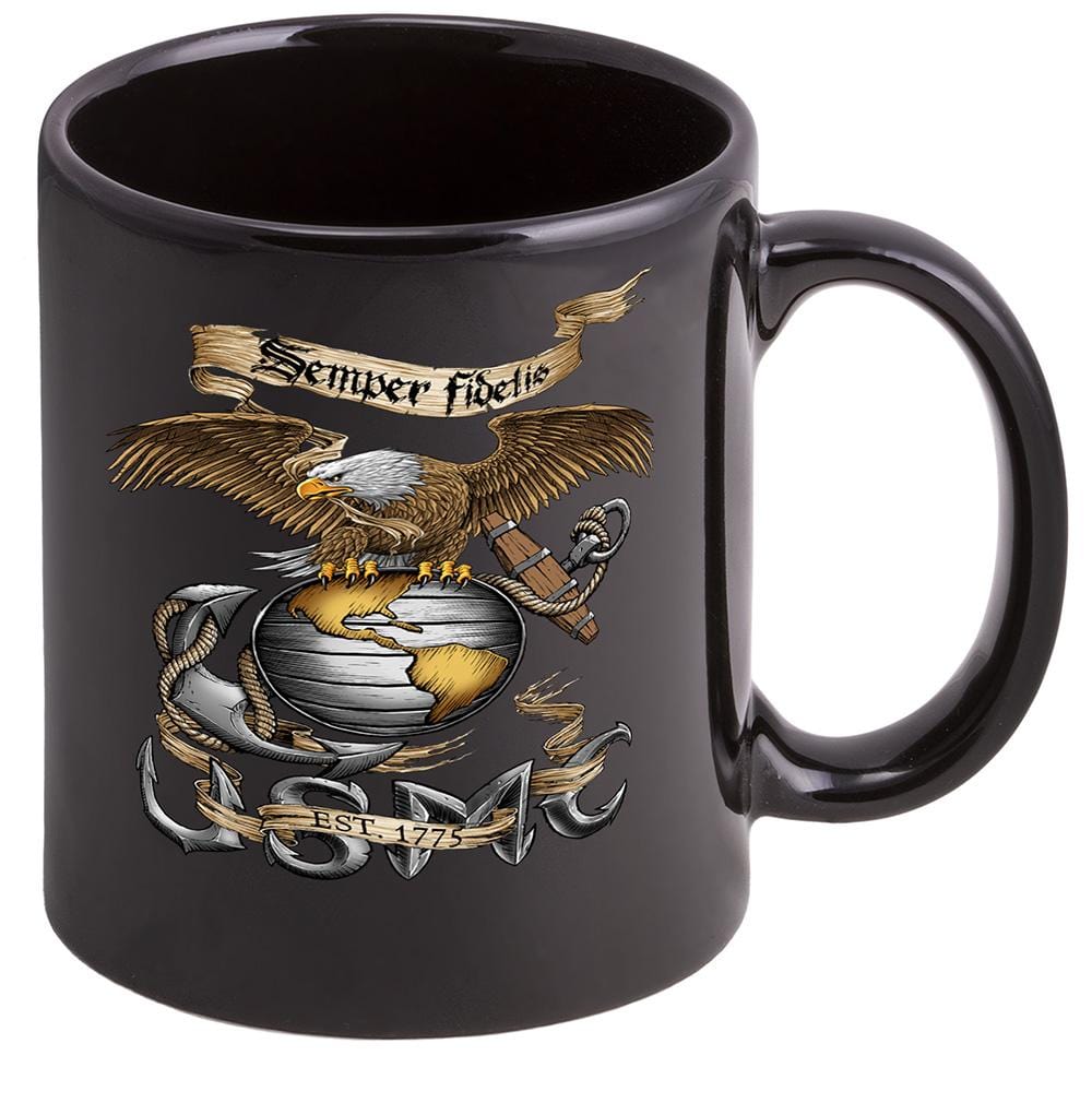 Marine Corps Eagle USMC Stoneware Black Coffee Mug Gift Set
