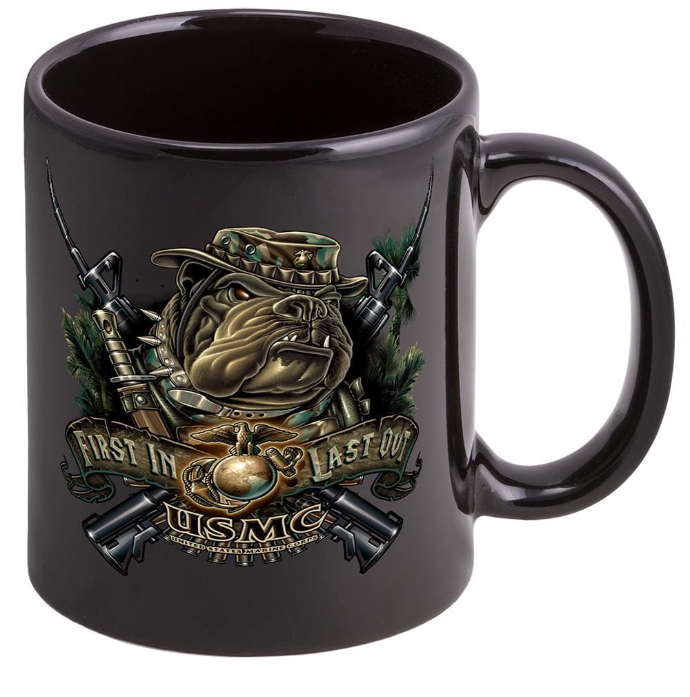 USMC Marine Devil Dog First in Last Out Stoneware Black Coffee Mug Gift Set