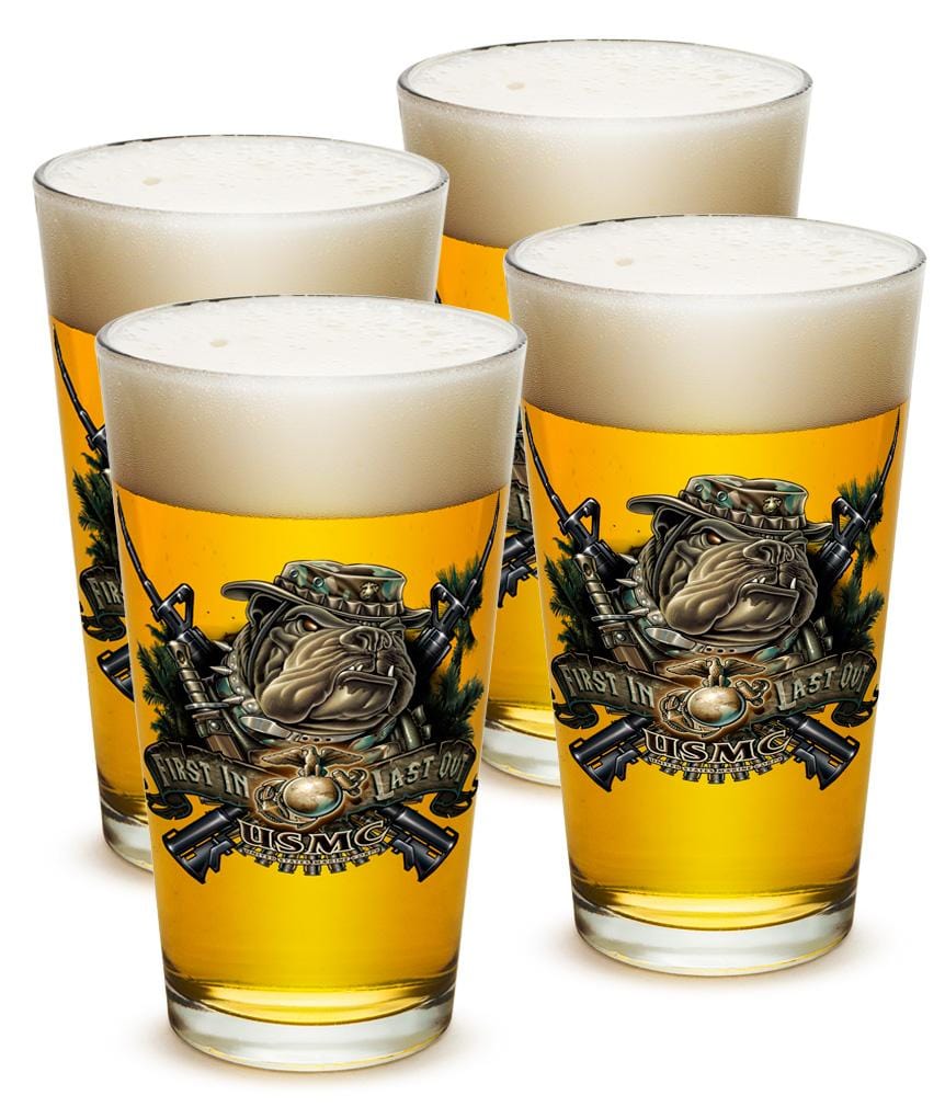 USMC Marine Corps devil dog First in last out 16oz Pint Glass Glass Set