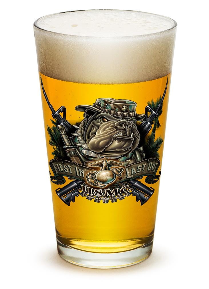 USMC Marine Corps devil dog First in last out 16oz Pint Glass Glass Set