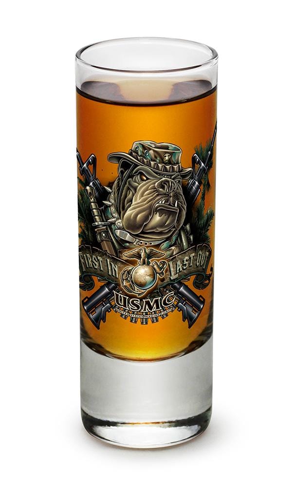 USMC Marine Corps devil dog First in last out 2oz Shooter Shot Glass Glass Set
