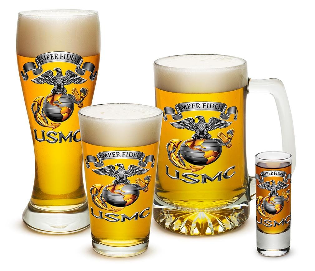 USMC Marine Corps Semper Fidelis 4 Piece Glass Gift Set