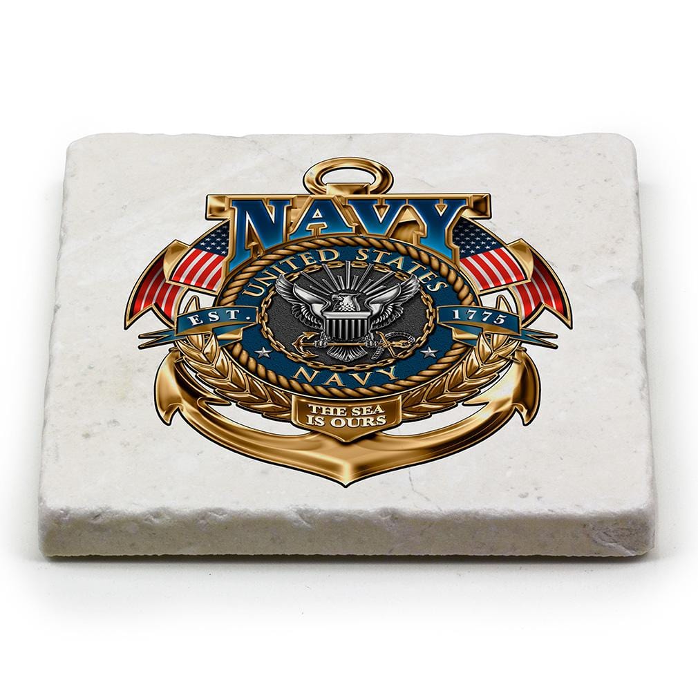 Navy the Sea is ours Ivory Tumbled Marble 4IN x 4IN Coasters Gift Set