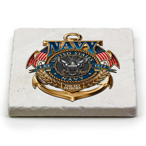 More Picture, Navy the Sea is ours Ivory Tumbled Marble 4IN x 4IN Coasters Gift Set