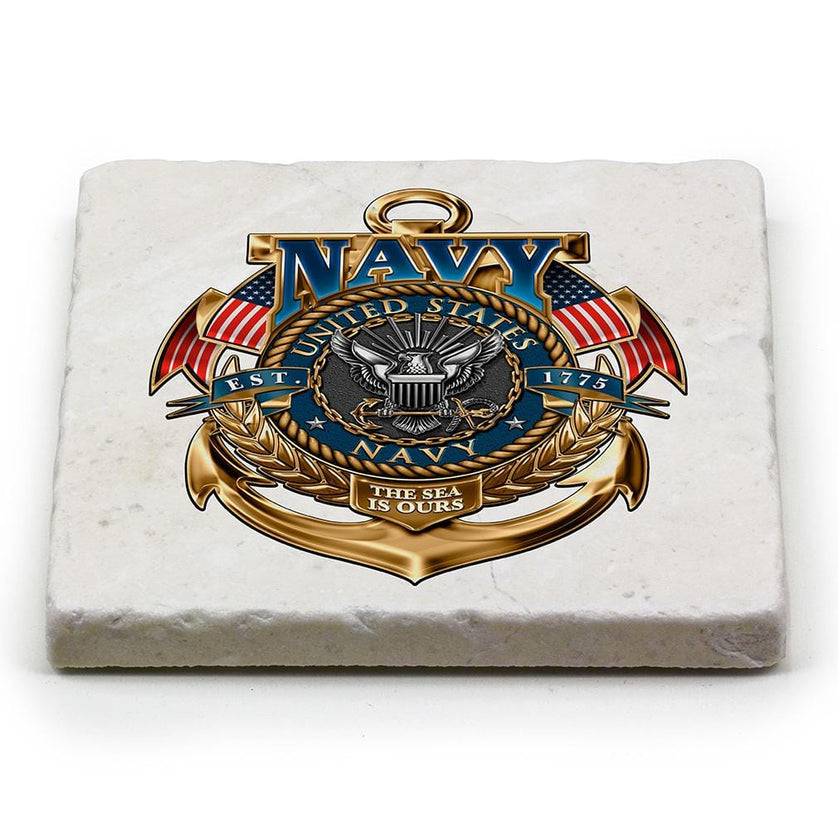 Navy the Sea is ours Ivory Tumbled Marble 4IN x 4IN Coasters Gift Set