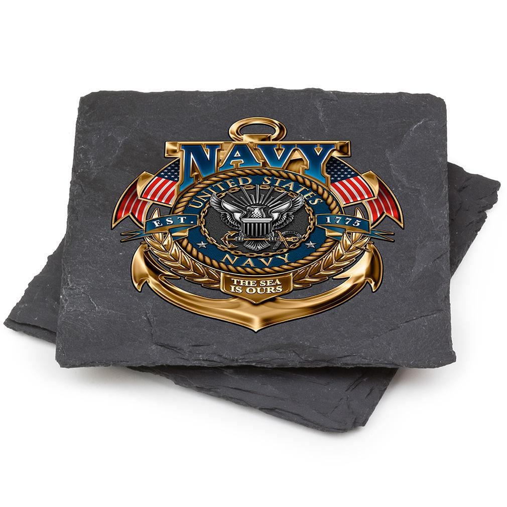 Navy the Sea is ours Black Slate 4IN x 4IN Coasters Gift Set