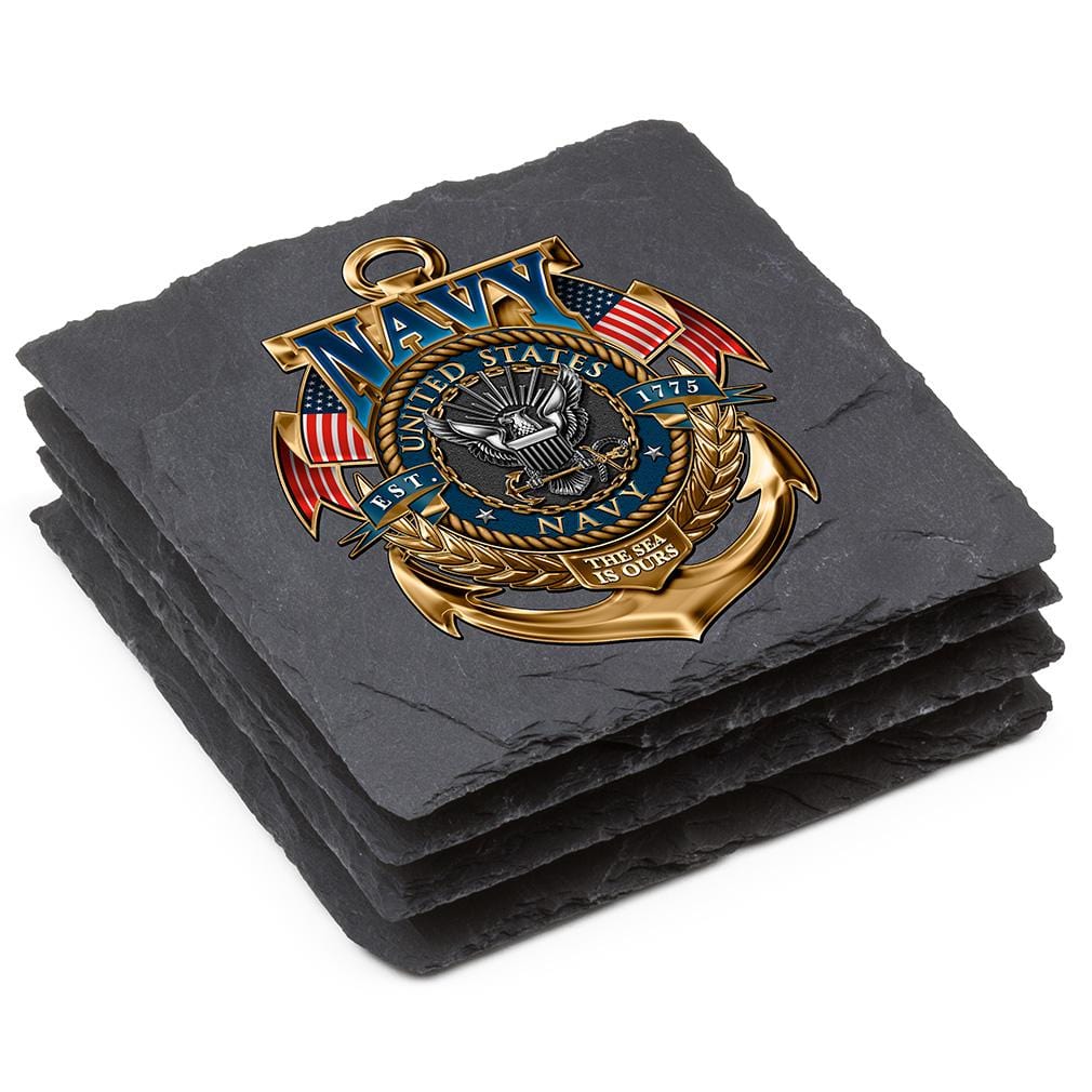 Navy the Sea is ours Black Slate 4IN x 4IN Coasters Gift Set