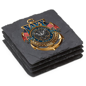 More Picture, Navy the Sea is ours Black Slate 4IN x 4IN Coasters Gift Set